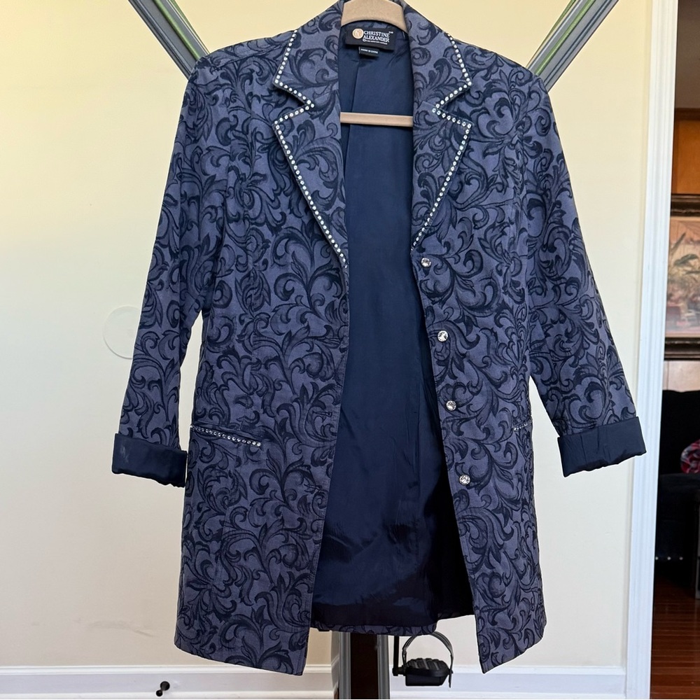 Women's CHRISTINE ALEXANDER Blues Tapestry Bling Long Jacket Blazer Sz Small